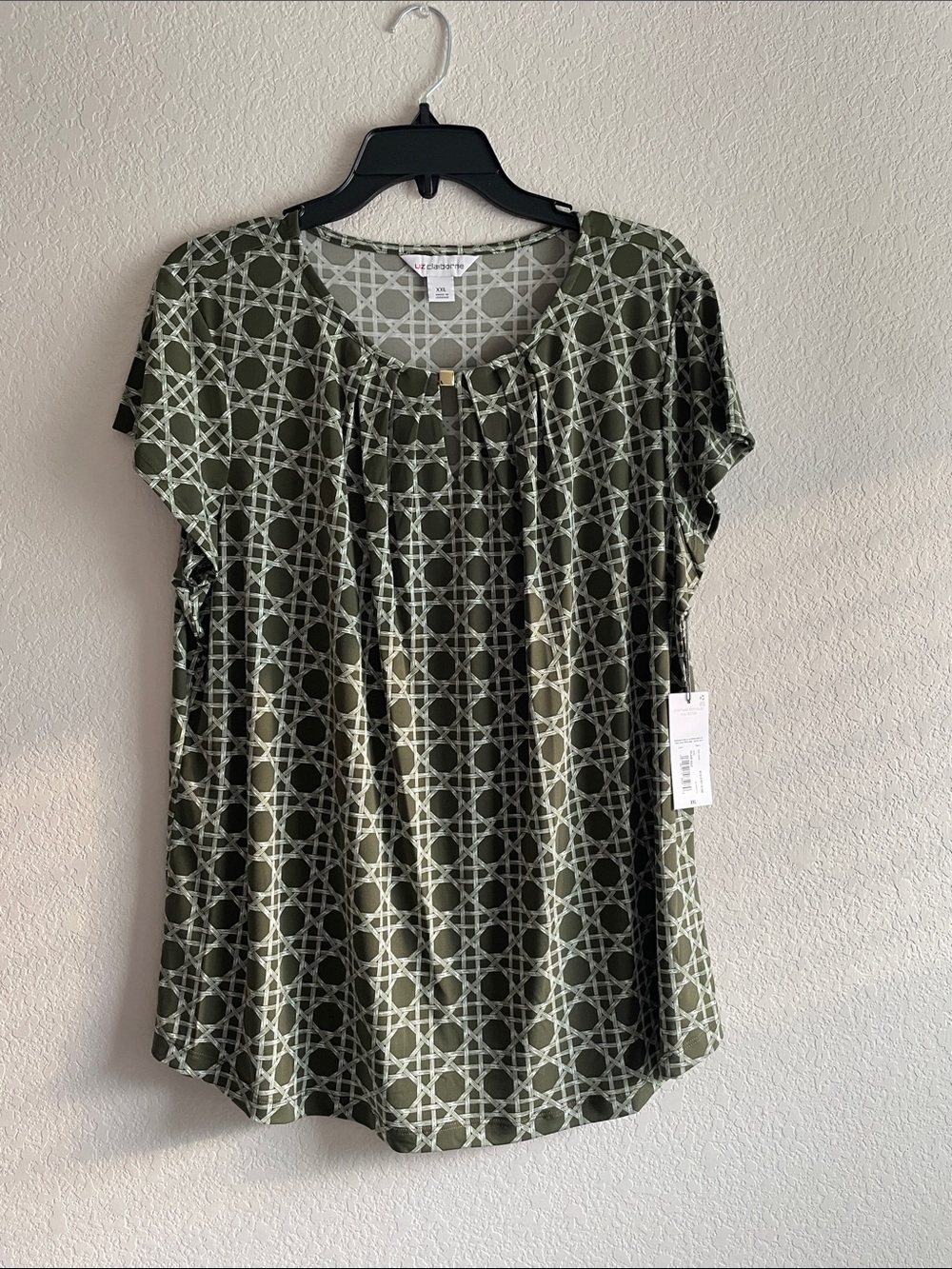 Women’s Olive Green Geometric Print Cap Sleeve Top Liz Claiborne Size 2XL NWT